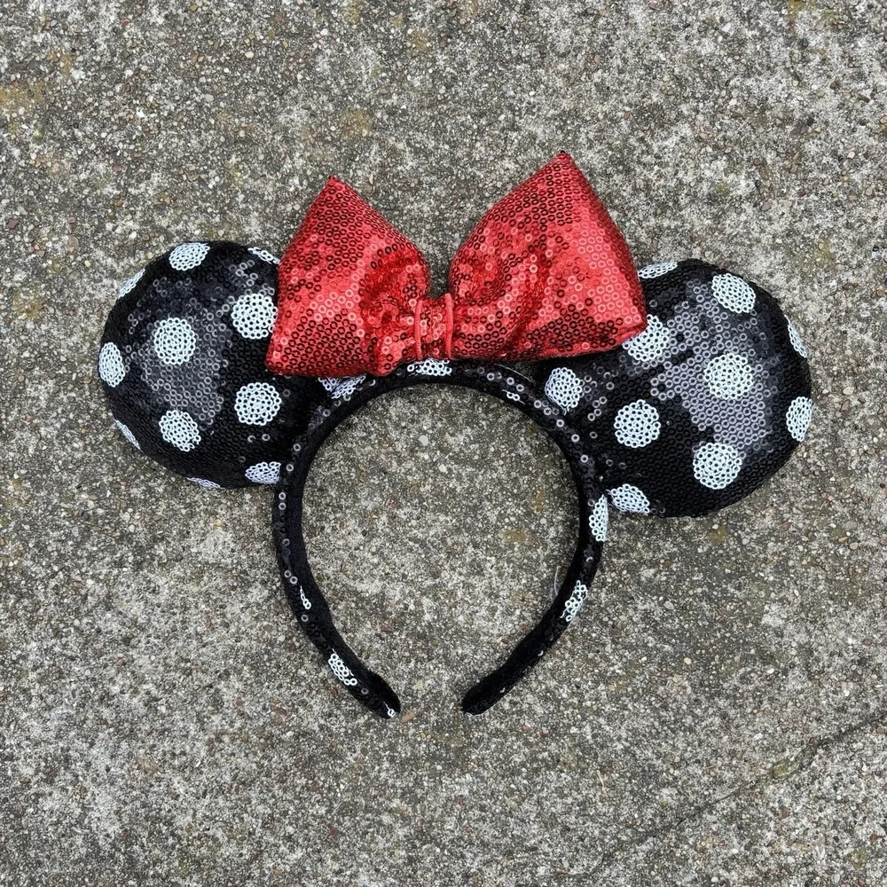 Disney Parks Minnie Mouse Ears Headband‎ Black Sequin Polka Dot Red Bow